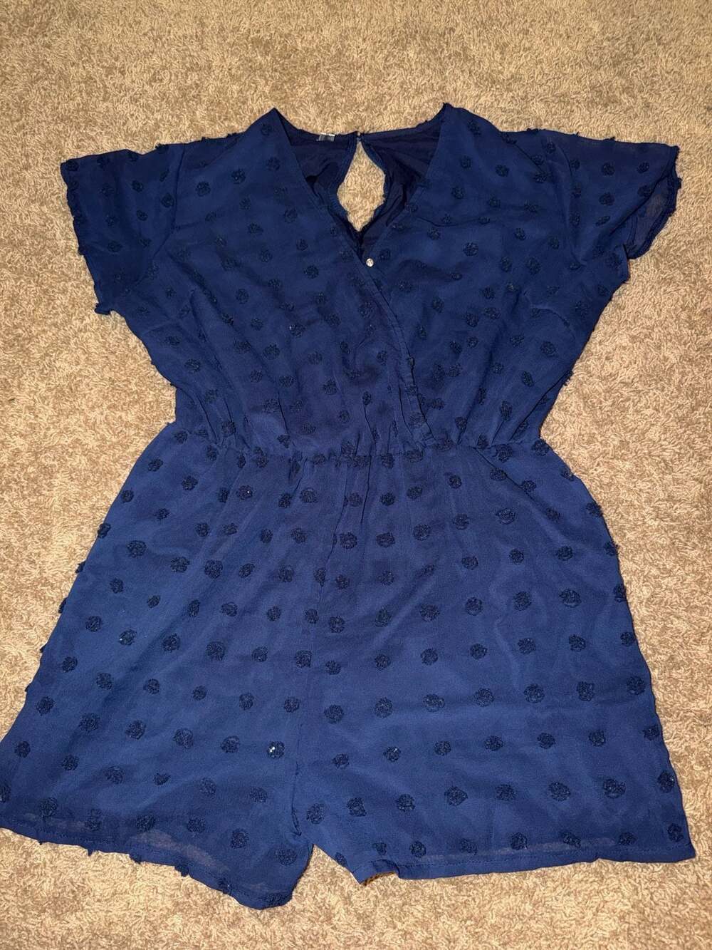 Navy Blue Swiss Dot Short Sleeve Romper With Keyhole Back